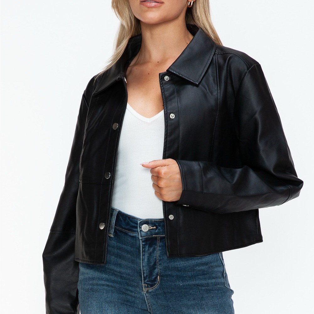 Snobbish Snap Down Long Sleeve PU Leather Jacket - Picture 7 of 12
